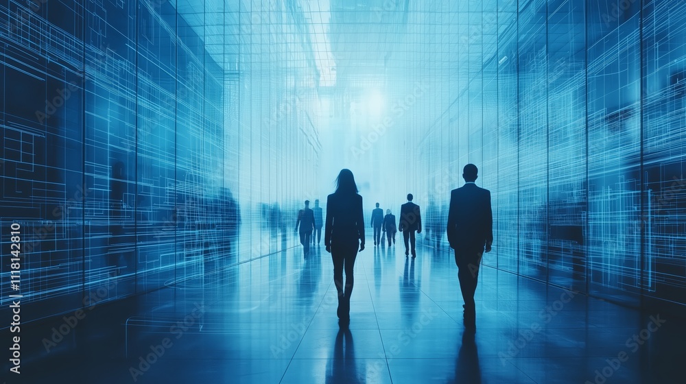 People Walking in Futuristic Cityscape with Blue Lighting People Walking in Futuristic Cityscape with Blue Lighting