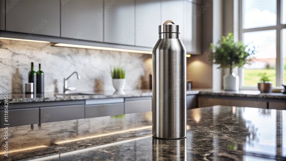 Modern Stainless Steel Water Bottle Elegantly Placed on a Polished Granite Countertop, Capturing the Essence of Contemporary Kitchen Aesthetics and Functional Design Modern Stainless Steel Water Bottle Elegantly Placed on a Polished Granite Countertop, Capturing the Essence of Contemporary Kitchen Aesthetics and Functional Design