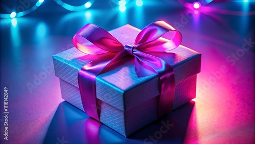 Neon Gift Box with Pink Ribbon Illuminated in Vibrant Pink and Blue Tints, Capturing the Essence of Celebration and Joy in a Conceptual Photography Style