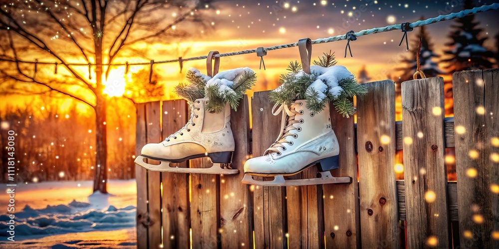 Fototapeta premium Pair of Ice Skates Hanging on a Wooden Fence Covered in Snow at Sunset, Capturing the Essence of Winter Sports and Seasonal Holidays in a Serene Outdoor Scene