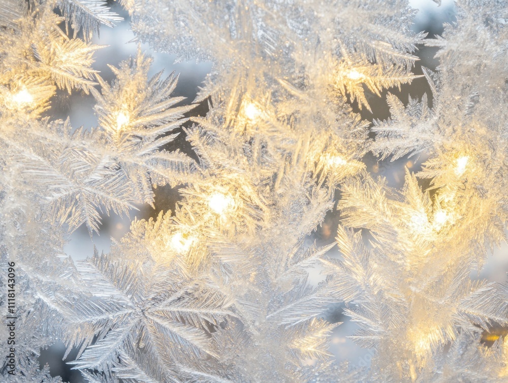 Close-up of frost patterns illuminated by warm lights. Close-up of frost patterns illuminated by warm lights.