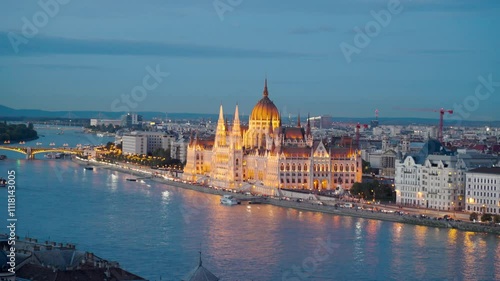 Scenic view of the Budapest Parliament and bridges over the Danube at night. Hungary, Europe.