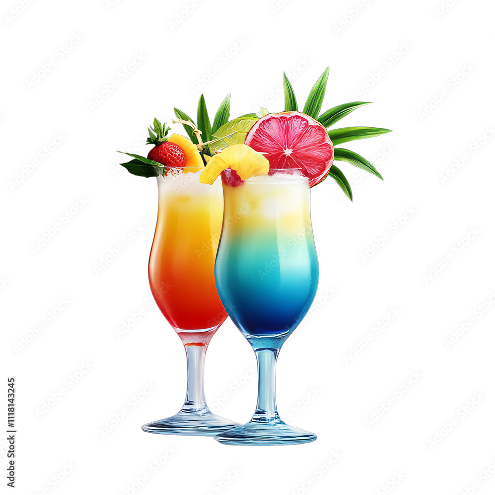 Colorful tropical cocktails with vibrant garnishes on transparent background. Colorful tropical cocktails with vibrant garnishes on transparent background.