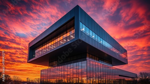 Captivating corporate office building against a vibrant sunset sky from a low angle photo