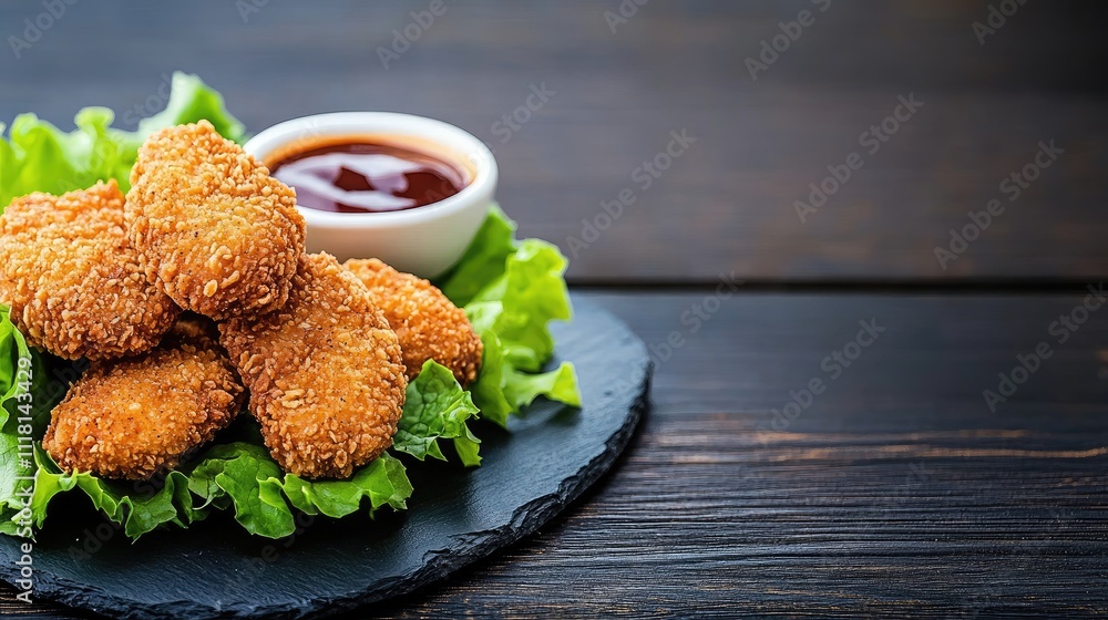 Fried chicken nuggets paired with colorful salad and dips create an inviting presentation on a wooden surface Fried chicken nuggets paired with colorful salad and dips create an inviting presentation on a wooden surface