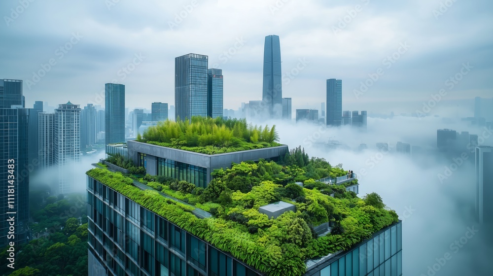 Obraz premium Urban Rooftop Garden Overlooking Cityscape with Fog