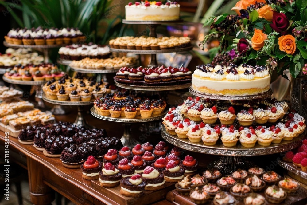 A lavish display of various desserts and pastries on elegant stands. A lavish display of various desserts and pastries on elegant stands.