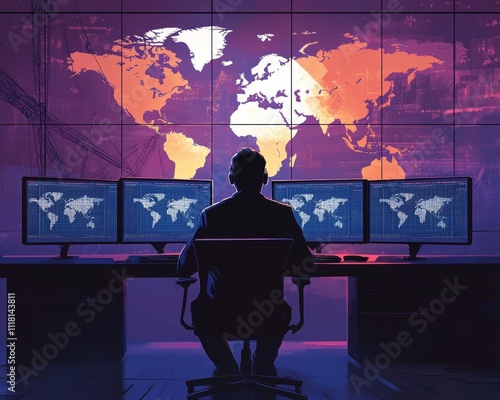 With digital screens and a world map at hand, a business leader is formulating plans in a war room. photo