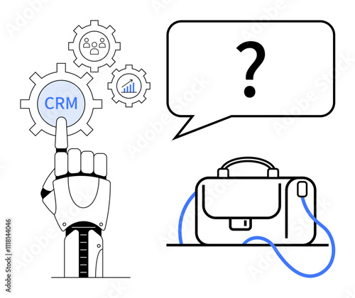 Robotic hand pressing CRM button on gear, icons representing collaboration and analytics, briefcase with speech bubble containing question mark. Ideal for business strategy, CRM systems, technology