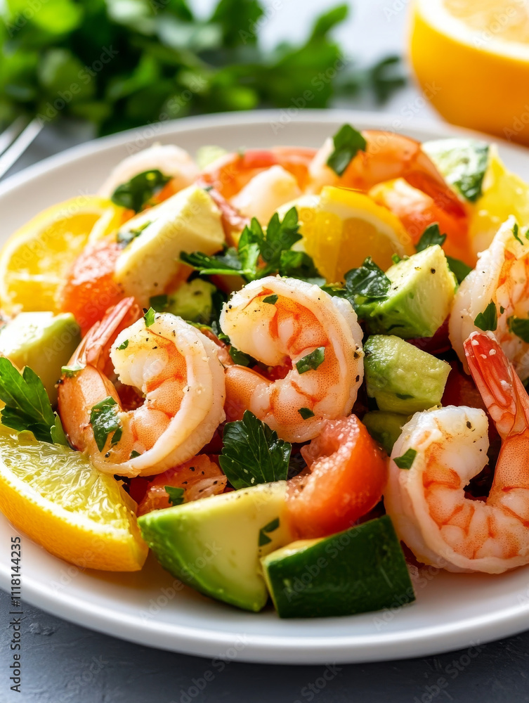 Fresh shrimp salad with avocado, tomato, and lemon slices on white plate.
