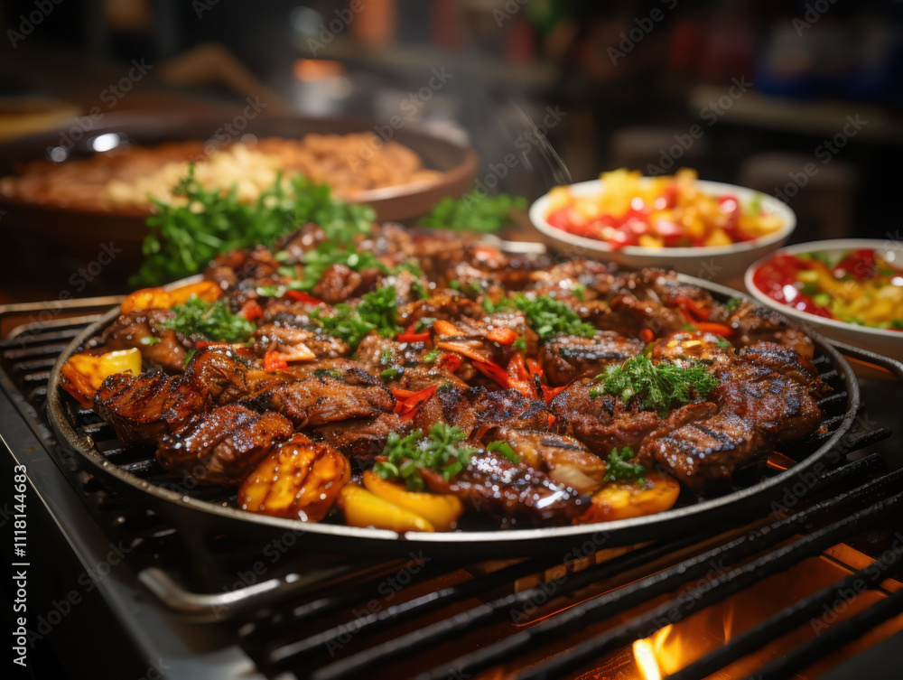 Experience the art of sizzling korean bbq beef in a professional restaurant kitchen with flames and steam Experience the art of sizzling korean bbq beef in a professional restaurant kitchen with flames and steam