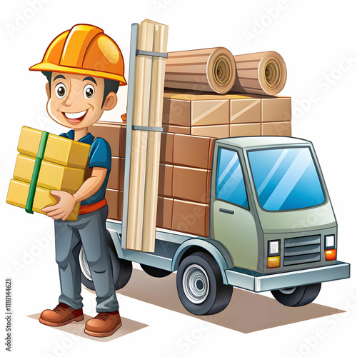 A cartoon-style construction material delivery scene, with trucks and equipment like cranes