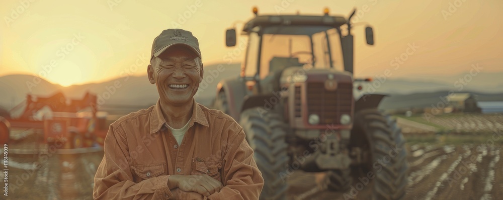 A smiling farmer stands proudly in front of his tractor during sunset, capturing a moment of satisfaction and dedication within the rural agricultural lifestyle A smiling farmer stands proudly in front of his tractor during sunset, capturing a moment of satisfaction and dedication within the rural agricultural lifestyle