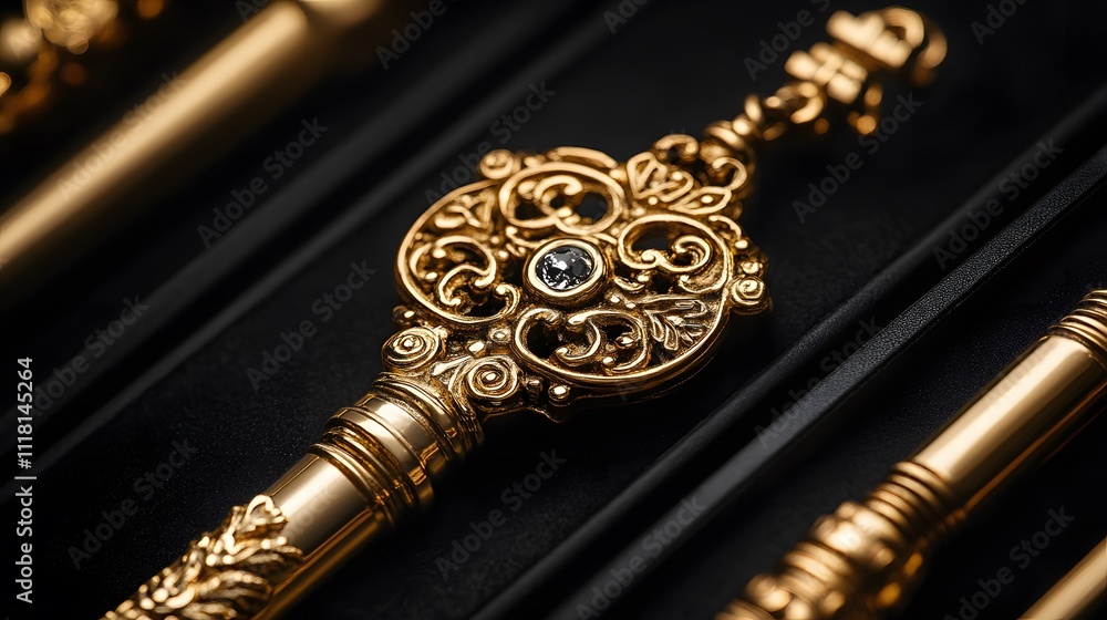 Naklejka premium Luxury product photography of vintage&nbsp;golden key with ornate design against pure black background, featuring dramatic side lighting and intricate antique details.