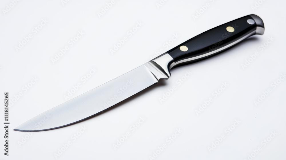 Sleek chef's knife with a polished stainless steel blade and black handle against a white background. Sleek chef's knife with a polished stainless steel blade and black handle against a white background.