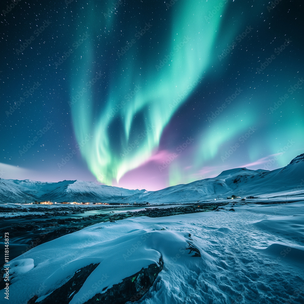 Naklejka premium Aurora borealis dancing over a snow-covered landscape