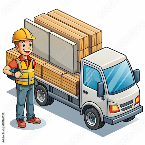 A cartoon-style construction material delivery scene, with trucks and equipment like cranes