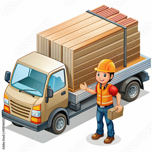 A cartoon-style construction material delivery scene, with trucks and equipment like cranes
