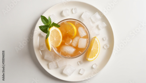 Refreshing Arnold Palmer drink in a clear glass with ice cubes, lemon, and mint in soft tones with copy space