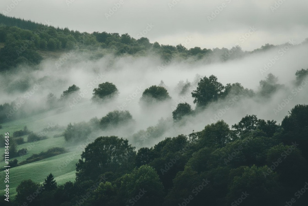 Fototapeta premium Misty forest landscape with trees and rolling hills in soft light.