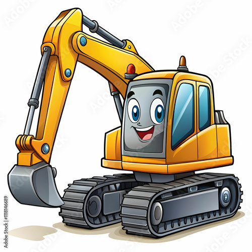 A cartoon-style construction material delivery scene, featuring an excavator