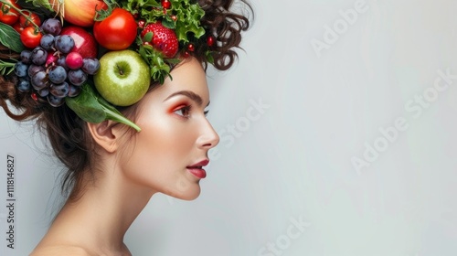 A woman with fruit and vegetable themed hair and makeup is shown in a profile view against a white background. Her look is vibrant and colorful. photo