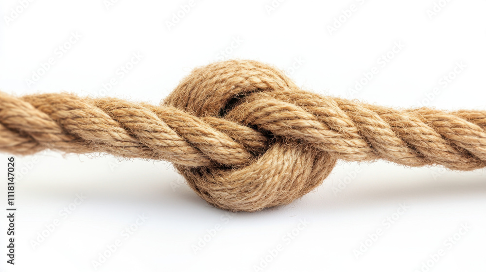 Close-up of a sturdy rope tied in a tight knot on a white background, showcasing texture and strength. Close-up of a sturdy rope tied in a tight knot on a white background, showcasing texture and strength.