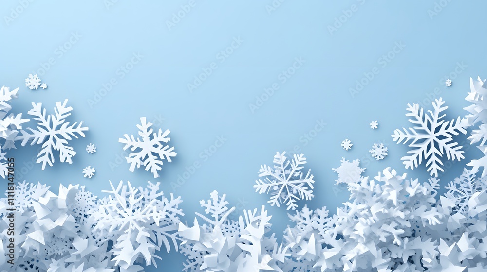 Delicate paper art featuring white snowflakes on light blue background, showcasing 3D layered design with winter holiday theme and soft shadow details. Delicate paper art featuring white snowflakes on light blue background, showcasing 3D layered design with winter holiday theme and soft shadow details.