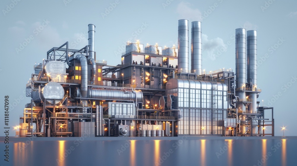 A night scene of a brightly lit industrial plant near water, with glass-metal structures, pipes, and a refinery tower emitting yellow light. Steampunk vibes from historic industrial elements A night scene of a brightly lit industrial plant near water, with glass-metal structures, pipes, and a refinery tower emitting yellow light. Steampunk vibes from historic industrial elements