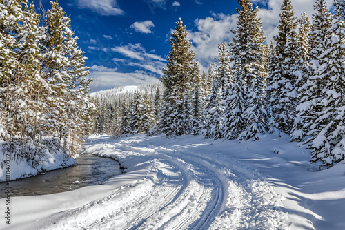 Snowy landscape along a winding river in a forested area