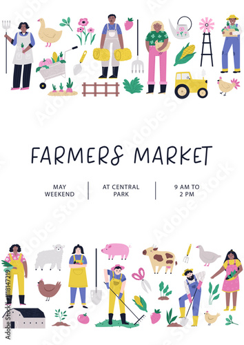 Vibrant hand drawn farmers market poster. Vector banner, templates for agricultural fair, agricultural festival.