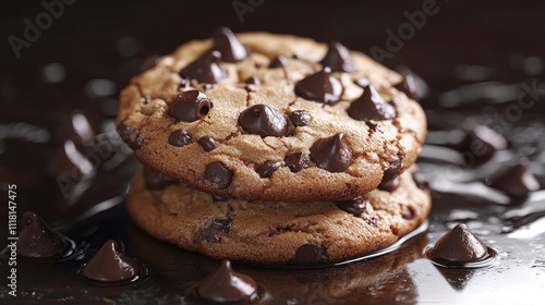 Delicious freshly baked chocolate chip cookies with melted chocolate chips, arranged on a dark glossy surface.