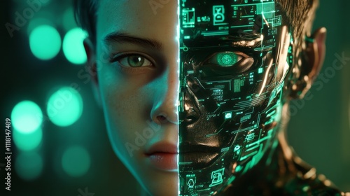 Wallpaper Mural In a mesmerizing blend of human and robotic elements, one side reveals a youthful face while the other showcases intricate digital circuits, symbolizing the union of nature and technology Torontodigital.ca