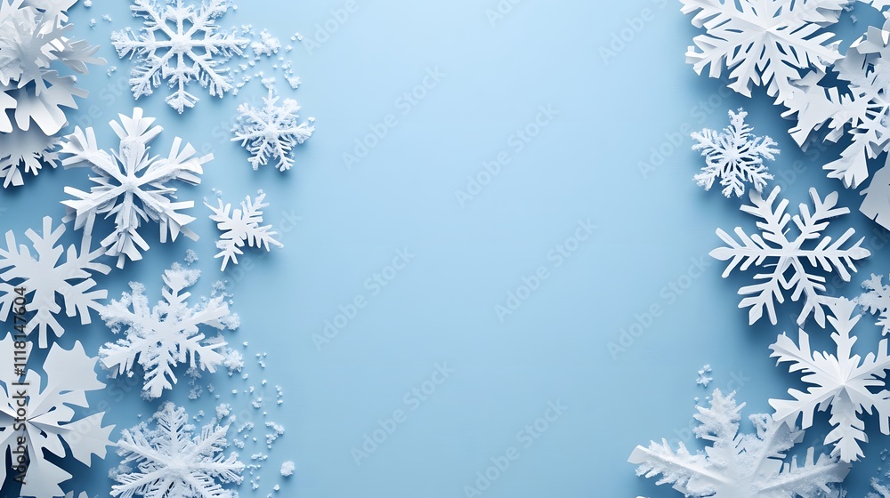 Delicate paper art featuring white snowflakes on light blue background, showcasing 3D layered design with winter holiday theme and soft shadow details. Delicate paper art featuring white snowflakes on light blue background, showcasing 3D layered design with winter holiday theme and soft shadow details.