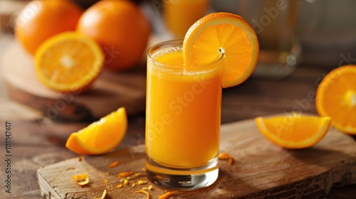 A refreshing glass of orange juice garnished with a slice of orange.