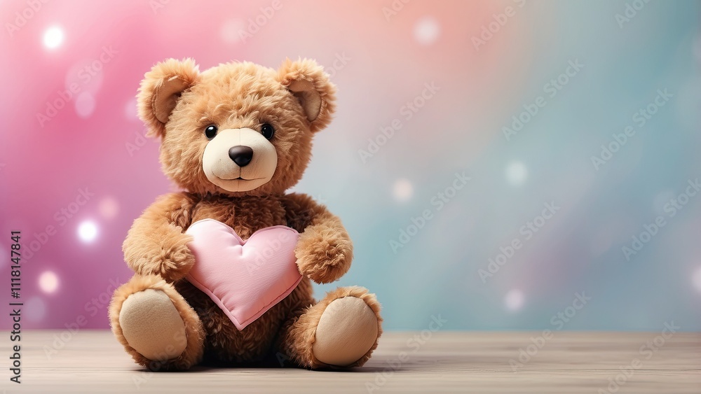 Teddy Bear with Heart, Blurred and Pastel Background, Space for Text Teddy Bear with Heart, Blurred and Pastel Background, Space for Text