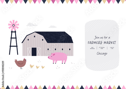 Hand drawn farmers market poster with barn, windmill and domestic animals.