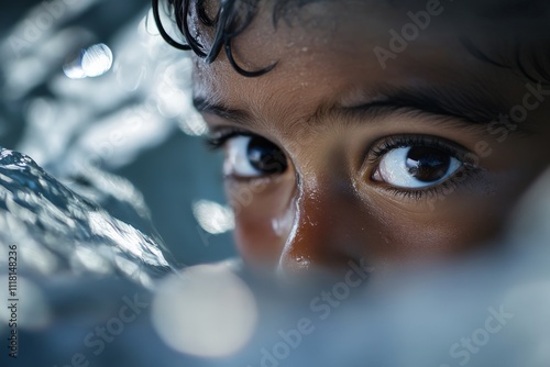 This poignant image captures a child's expressive eyes framed by shimmering water, showcasing the innocence and curiosity present in youthful exploration and experience. photo