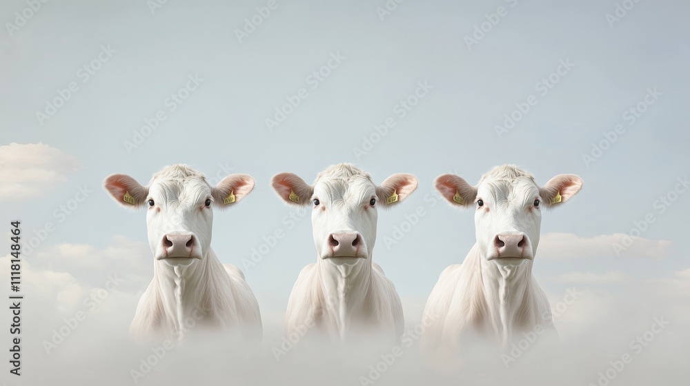 Three white cows are standing in a field with a cloudy sky in the background Three white cows are standing in a field with a cloudy sky in the background