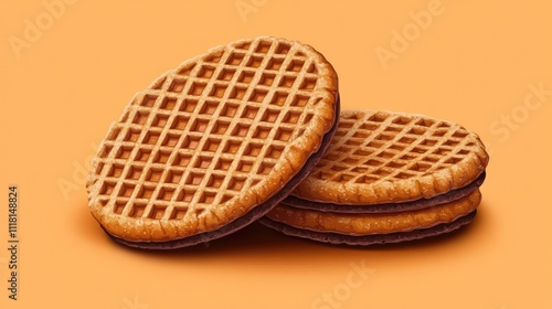 Delicious golden waffles stacked neatly against a vibrant orange background.