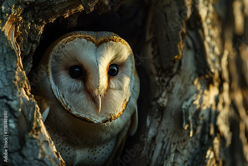 A Barn Owl peeks out from behind a tree trunk, its large, round eyes and heart-shaped facial disc captivating the viewer. Birds. Wildlife Animals. photo