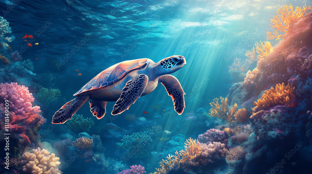 Fototapeta premium Sea Turtle in Vibrant Coral Reef Underwater Scene. Concept of Marine Life, Ocean, and Wildlife.