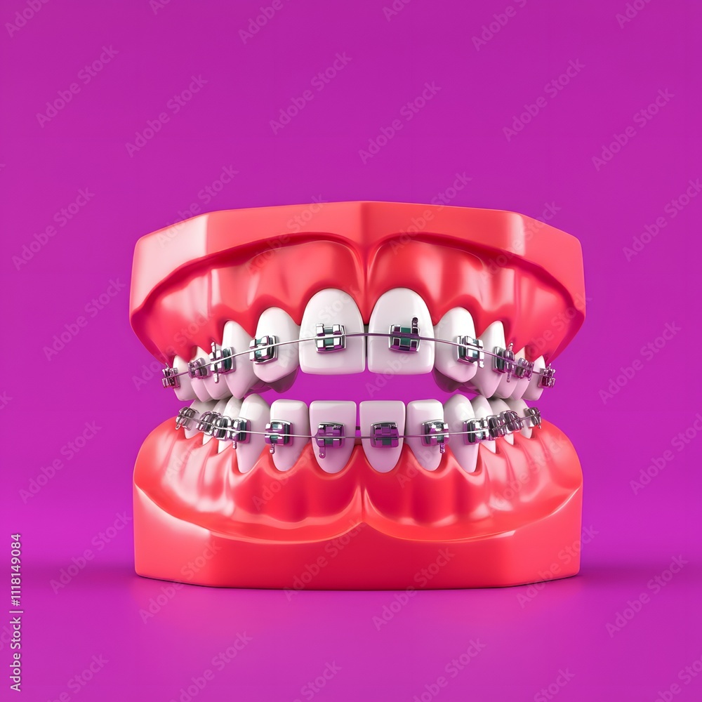 Model of Teeth with Orthodontic Braces Isolated on a Pastel Purple Background Created with Generative AI Model of Teeth with Orthodontic Braces Isolated on a Pastel Purple Background Created with Generative AI