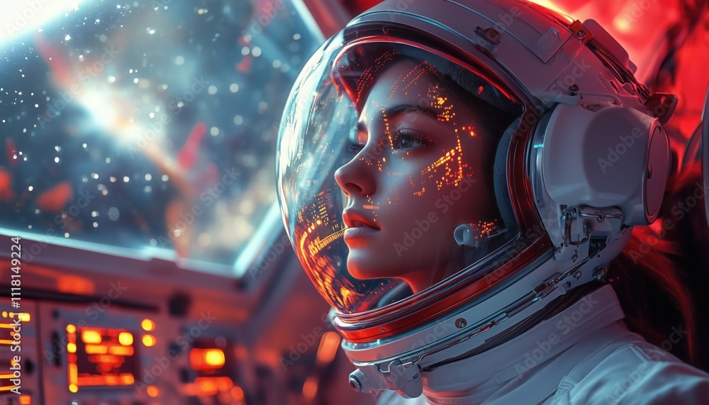 Female astronaut exploring vibrant red spaceship with advanced technology and starry reflections Female astronaut exploring vibrant red spaceship with advanced technology and starry reflections