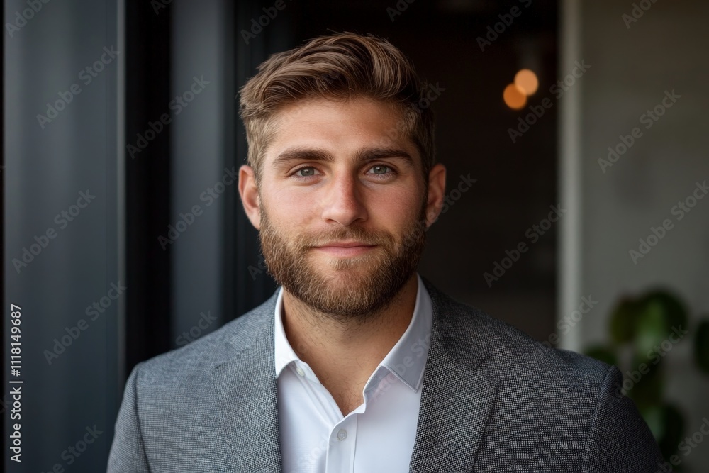 A confident young man smiles warmly at the camera, representing professionalism and charisma in a modern, stylish indoor environment full of vibrant lighting. A confident young man smiles warmly at the camera, representing professionalism and charisma in a modern, stylish indoor environment full of vibrant lighting.