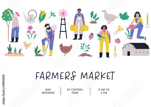 Vibrant hand drawn farmers market poster. Vector banner, templates for agricultural fair, agricultural festival.
