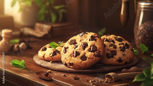 Delicious chocolate chip cookies arranged on a rustic wooden board, garnished with fresh mint leaves. photo