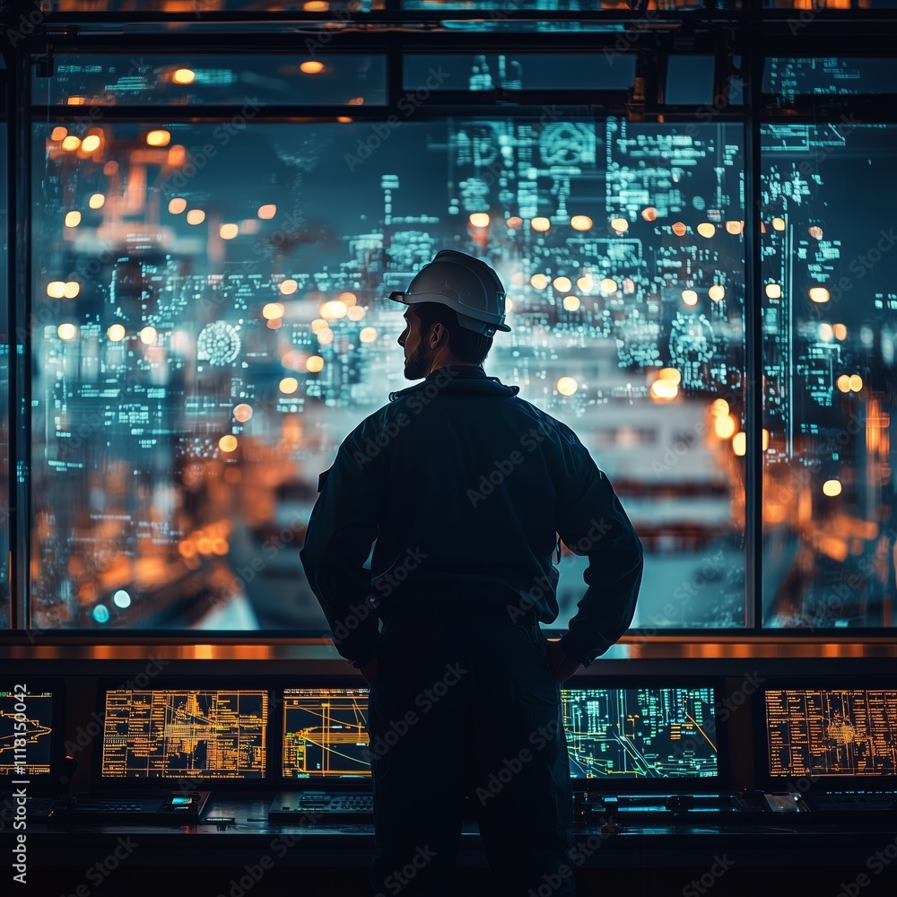 Worker Overseeing Operations in Modern Control Room Setting Worker Overseeing Operations in Modern Control Room Setting