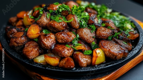 Tjvjik: Sizzling pan of fried liver and onions, with fresh parsley on the side. photo