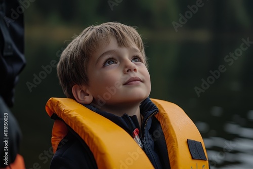 A young boy with a bright orange life jacket looks up with curiosity, encapsulating the spirit of childhood wonder and exploration in a serene water setting. photo